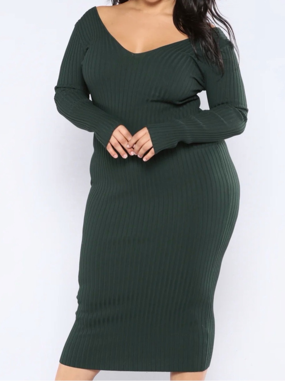 Fashion Nova Dark Green Ribbed V-Neck Midi Dress